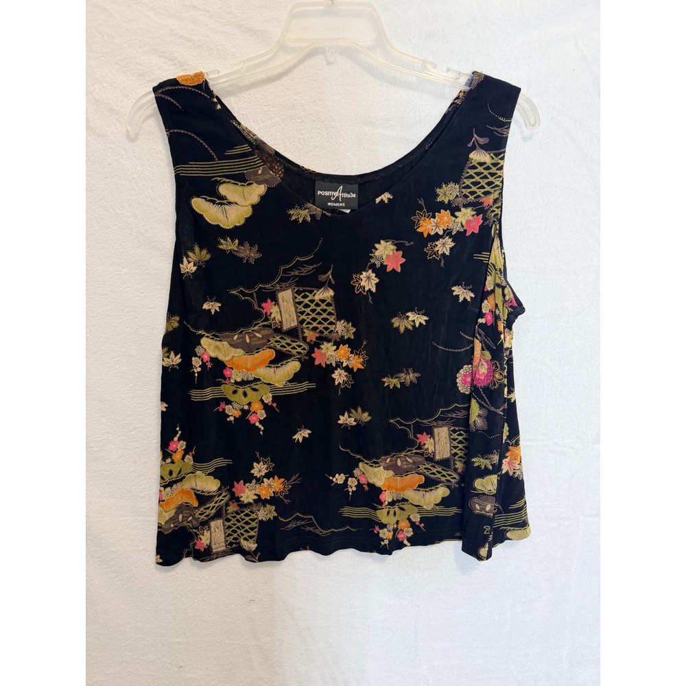 Positive Attitude Womens Floral Tank Top Black Asian Print Size 20 Made in USA
